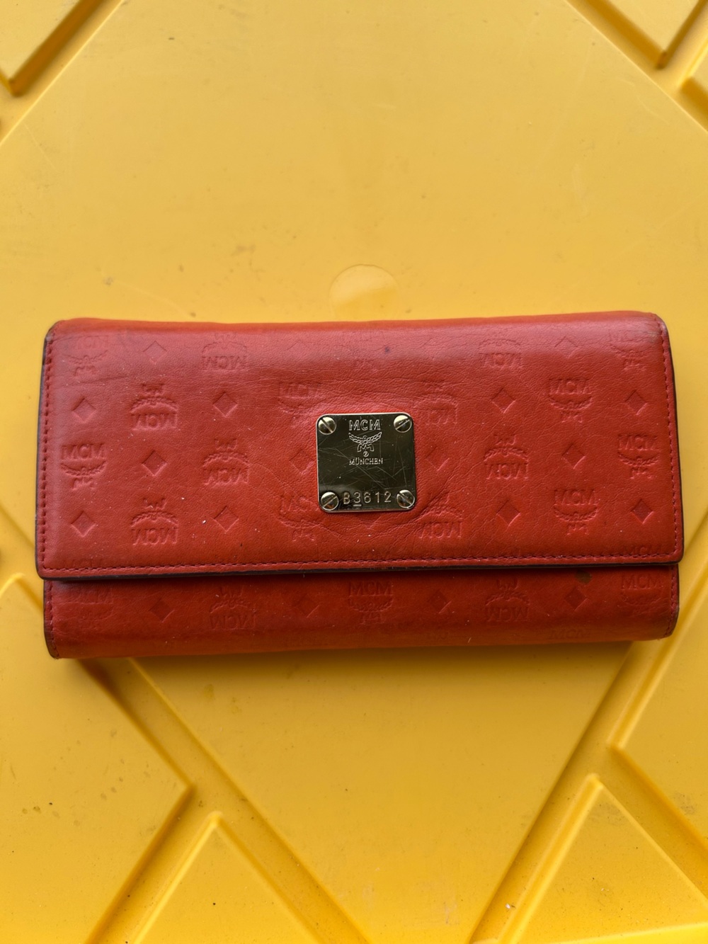 MCM Red Leather Continental Wallet with Metal Logo Plaque